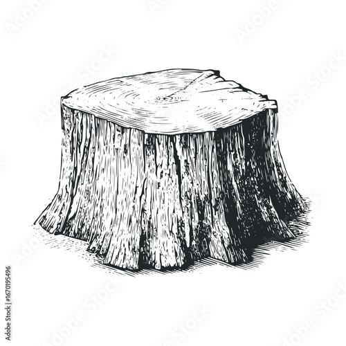 Detailed black and white sketch of a tree stump with visible growth rings