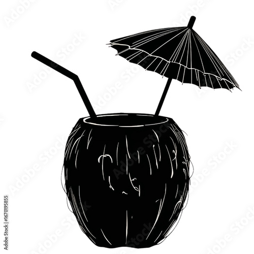 Refreshing coconut cocktail with umbrella, perfect for summer relaxation and tropical vibes
