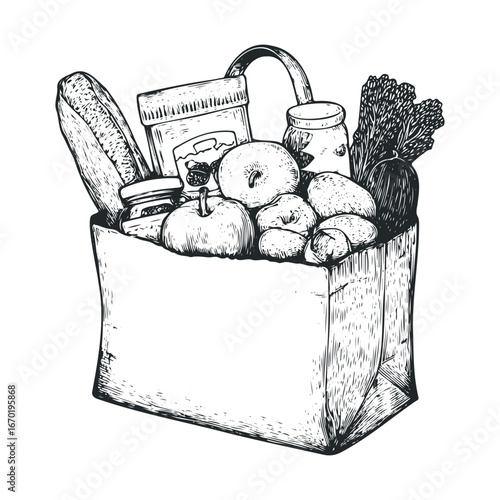 Hand-drawn grocery bag with bread, vegetables, fruits, and dairy products