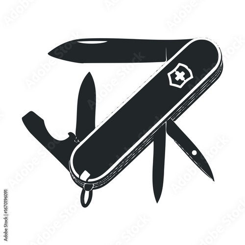 Silhouette of multi-tool pocket knife with open blades and accessories