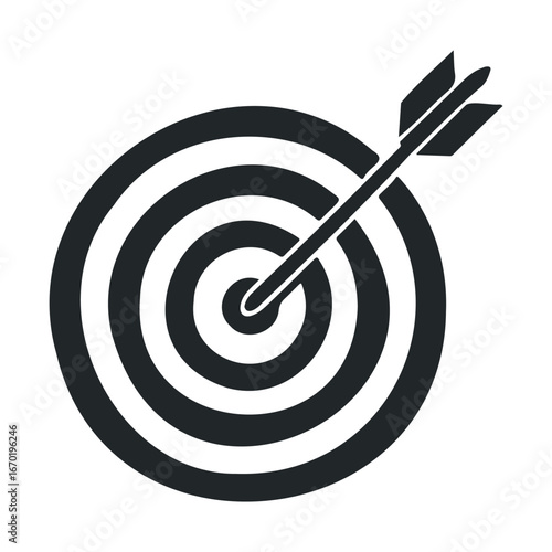 Black and white bullseye target with arrow hitting center