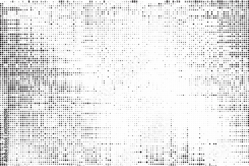 Radial halftone spotted gradient background. Dotted stains concentric texture with fading effect. Black and white circle shade wallpaper. Grunge rough vector. Monochrome geometric backdrop.