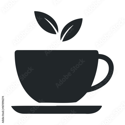 Minimalist black tea cup icon with leaf motif on saucer