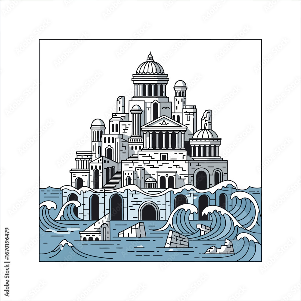Naklejka premium sunken city ruins ancient architecture submerged by rising sea levels creating a dramatic seascape perfect for illustrating climate change awareness