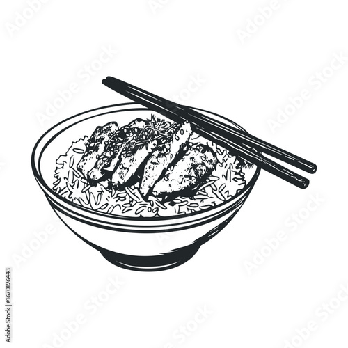 Illustration of asian cuisine: grilled chicken on rice with chopsticks