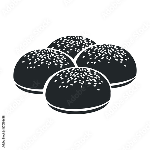 Black and white illustration of four sesame seed burger buns in a cluster