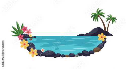 A serene tropical lagoon with clear blue water, lush green plants, vibrant flowers, and dark rocks, featuring palm trees on a distant island.