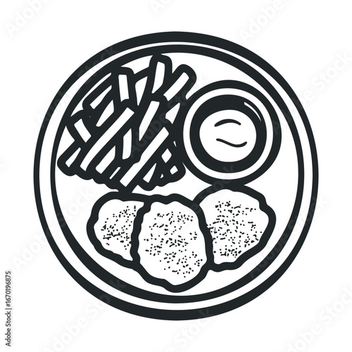 Plate of chicken nuggets with fries and dipping sauce in black and white design