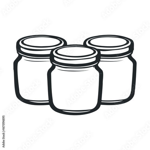 Sketch of three glass jars with lids: minimalist black and white illustration