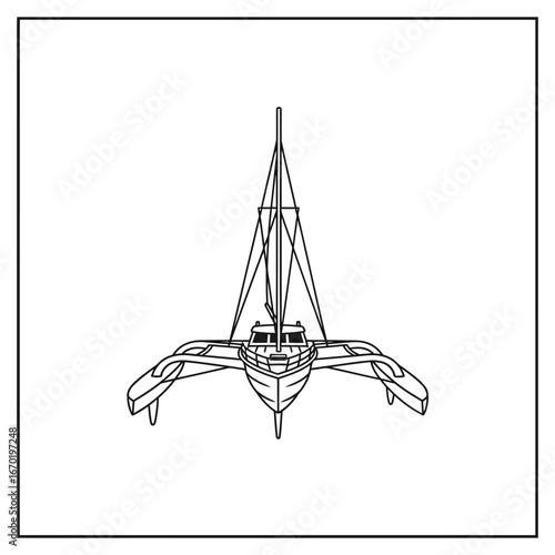 Trimaran sailing in open water a multihull sailboat cruising swiftly offshore ideal for showcasing marine engineering nautical adventures or open-sea exploration and leisure sailing.