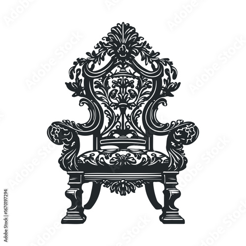 Intricate ornate throne chair with elegant baroque design on white background
