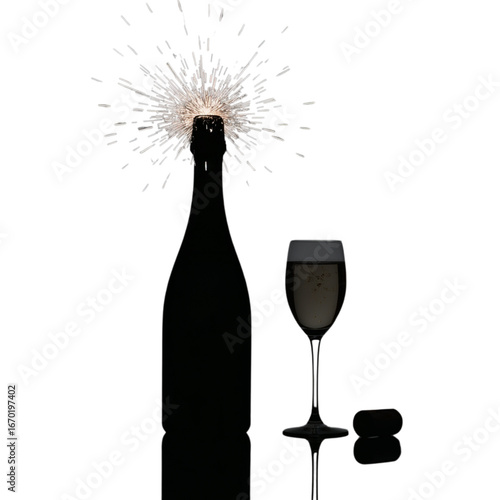 Sparkling champagne bottle popping with glass, celebration, festive, elegant, modern design