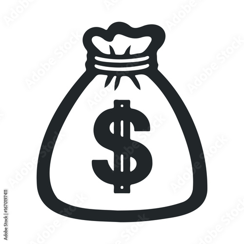 Simple black money bag icon with dollar symbol on white background