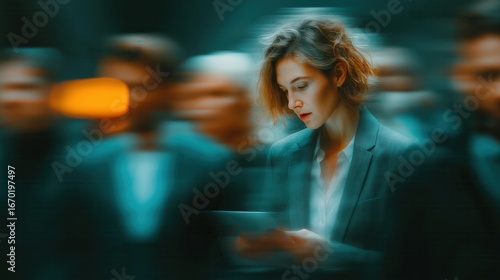 A young Caucasian woman with short, wavy hair looks at her phone. Blurred figures of diverse people move around her in a busy urban setting, creating a sense of motion.