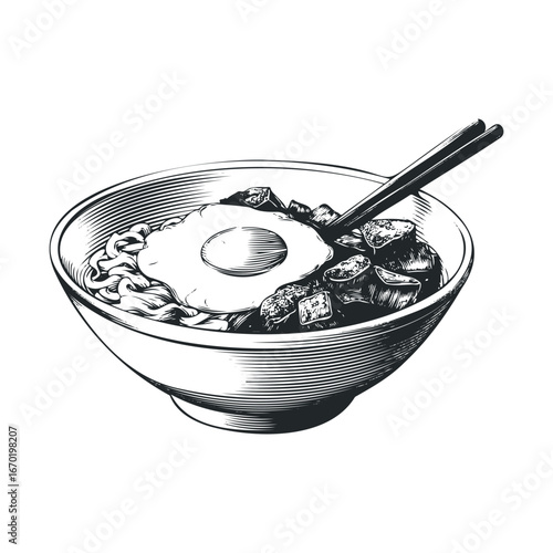 Illustration of asian noodle bowl with egg and tofu and chopsticks