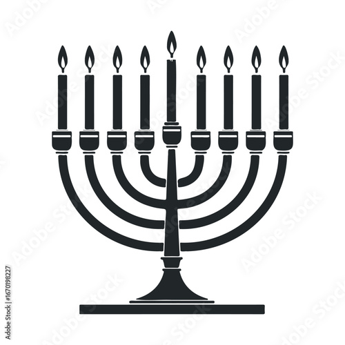 Silhouette of a traditional menorah with nine lit candles for hanukkah celebration