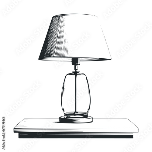 Elegant table lamp with wide lampshade on wooden surface in minimalist style