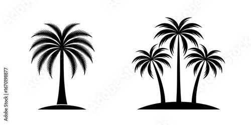 Black silhouette of a single palm tree and a group of three palm trees