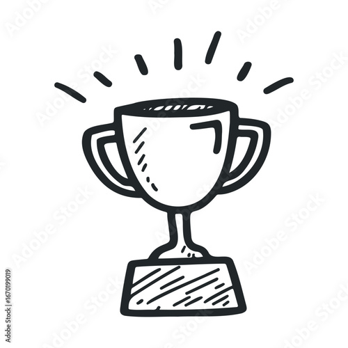 Hand-drawn trophy sketch with rays: award, victory, success, achievement symbol