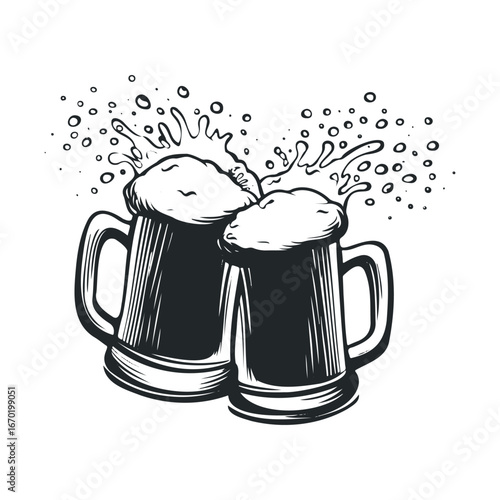 Monochrome illustration of two clinking beer mugs with foam splash
