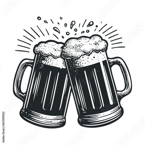 Vintage illustration of two clinking beer mugs with splash and foam effect