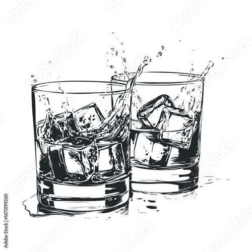 Illustration of two glasses with ice cubes and splashing water