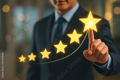 Business Success and Performance Rating Concept – Professional Pointing at Glowing Star in Ascending Five-Star Sequence