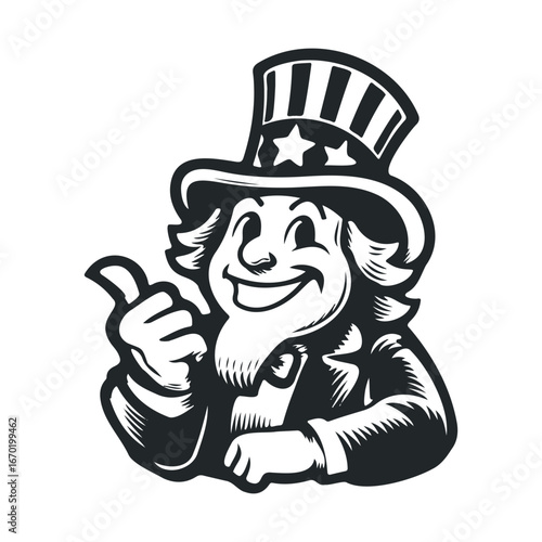 Cartoon uncle sam character: patriotic, cheerful, vintage style illustration