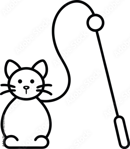 Minimal line art icon of a cat teaser toy wand with dangling mouse.