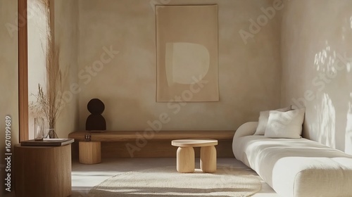 Minimalist Scandinavian style living space featuring light wood furniture a soft linen sofa a round side table and an area rug in neutral tones creating an airy and peaceful environment