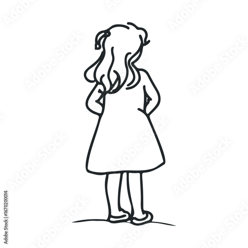 Outline of a young caucasian female child standing with long hair