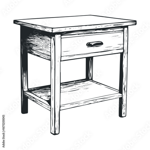 Vintage wooden nightstand with drawer and lower shelf in black and white sketch