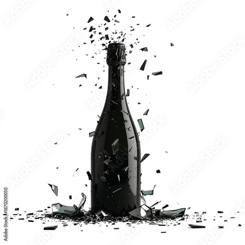 Shattered champagne bottle exploding with glass fragments celebrating victory and success