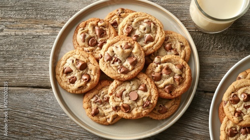 Delicious chocolate chip cookies on a plate with milk.