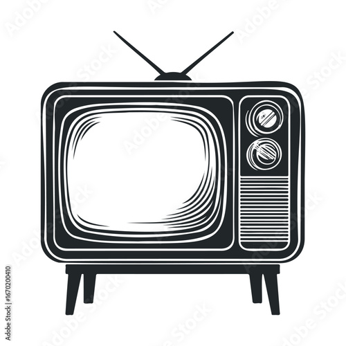 Vintage black and white tv illustration with antenna and dials