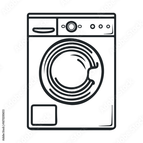 Line art of washing machine with front-loading drum and control panel