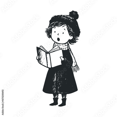 Illustration of child singing carol in winter outfit holding book