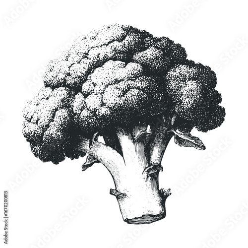 Detailed black and white broccoli ink drawing on white background