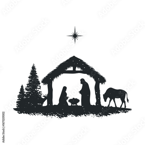 Silhouette nativity scene with animals and star