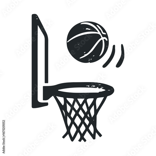 Simple black and white design of basketball and hoop with net
