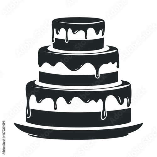 Monochrome three-tier cake with dripping icing on plate