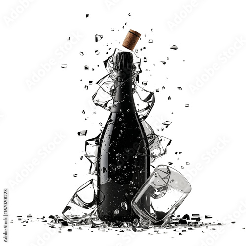 Exploding champagne bottle with shattered glass, celebrating a special event and moments of joy
