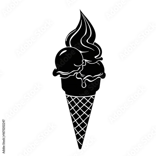 Delicious ice cream cone silhouette with scoops of creamy dessert on a white background