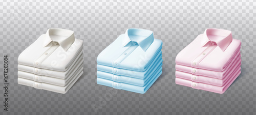 3d realistic vector icon illustration. Pile of stacked white, pink and blue ironed shirts side view. Isolated on transparent background.