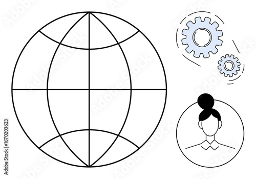 Globe with intersecting lines, rotating gears, and a female avatar suggesting teamwork, innovation, and interconnectedness. Ideal for networking, innovation, teamwork, global reach human resources