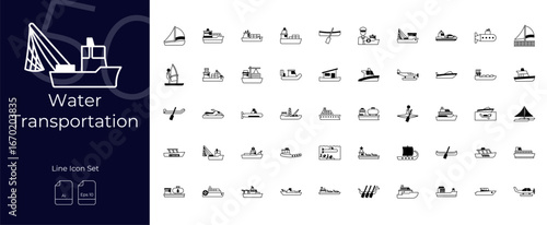 Water Transportation Duotone Editable Icons set. Vector illustration in modern thin duotone style of water transportation icons: boat, ferry, aquatic, etc