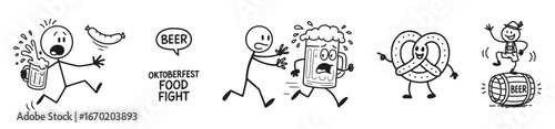 set of chaotic Oktoberfest cartoon scene — humorous black and white illustration with stick figures and anthropomorphic food on transparent background, vector