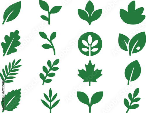 Green Leaf Icon Set Nature Eco Plant Symbol Collection