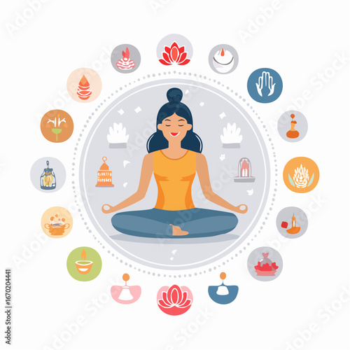 Yoga and spirituality vector icon set with lotus, meditation, chakra, om, mandala, and mudra symbols. Clean minimal design for wellness and cultural graphics.
