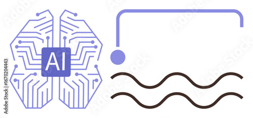 AI chip in a neural-shaped structure connected to a dot and wavy lines, symbolizing computation flow. Ideal for AI, neural network, technology, innovation, machine learning, data processing, simple